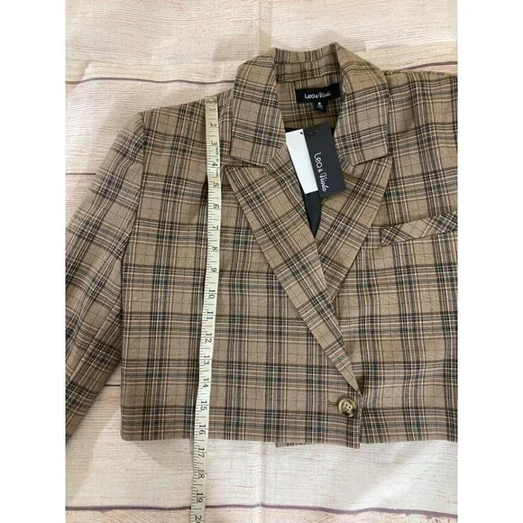 NWT Lea & Viola Women's Brown Plaid Long Sleeve Crop Blazer - Small - Picture 5 of 14